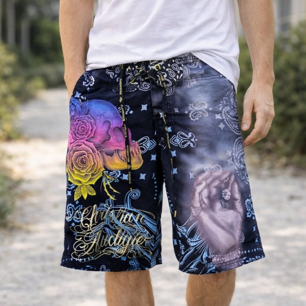 Christian Audigier Size 30 Black Graphic Board Shorts Skull Rose Print